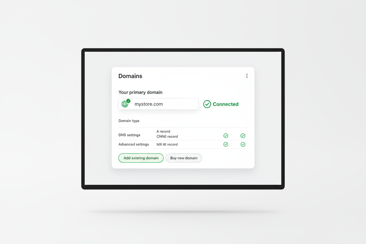 A sleek mockup showing a Shopify dashboard with a green “Connected” domain status or a globe icon with a checkmark.