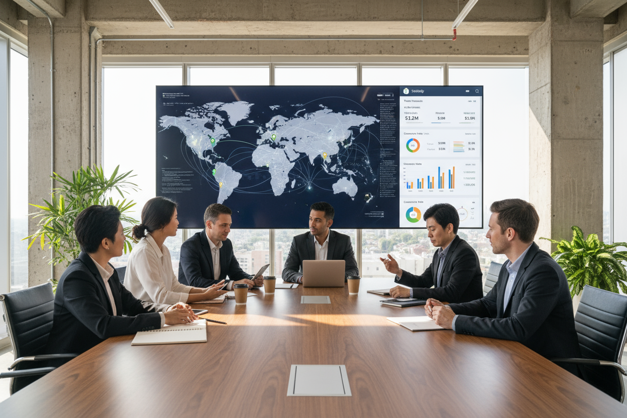 People in a meeting with digital map + Shopify dashboard on screen.