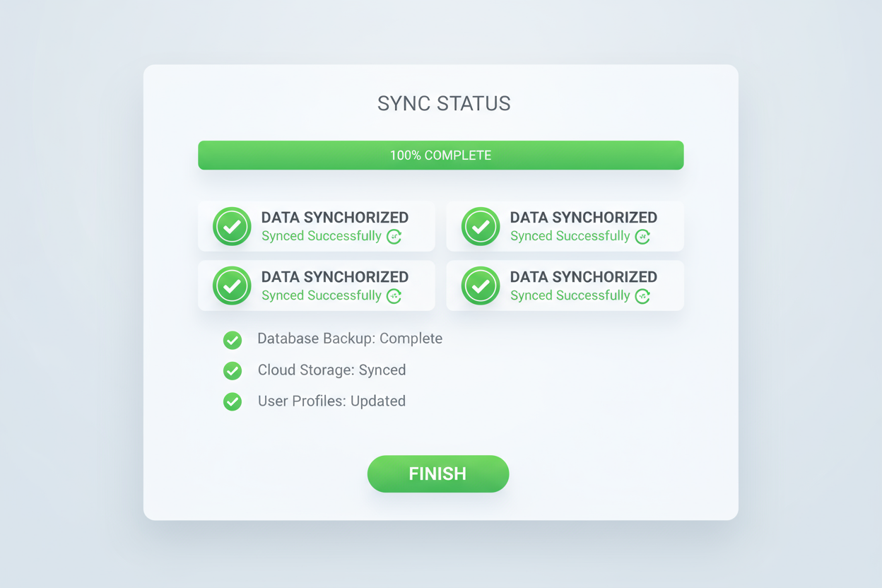 A screen with green checkmarks or successful sync status.