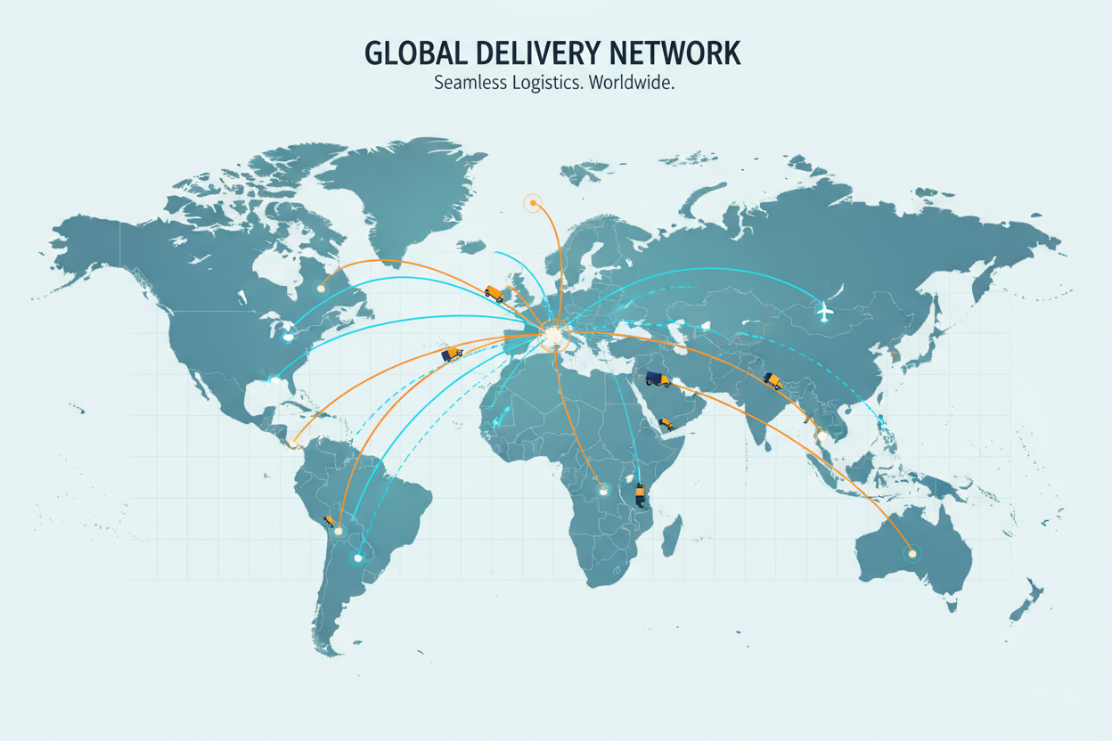 A world map or stylized delivery network showing airplanes, delivery trucks, and route lines connecting key regions.
