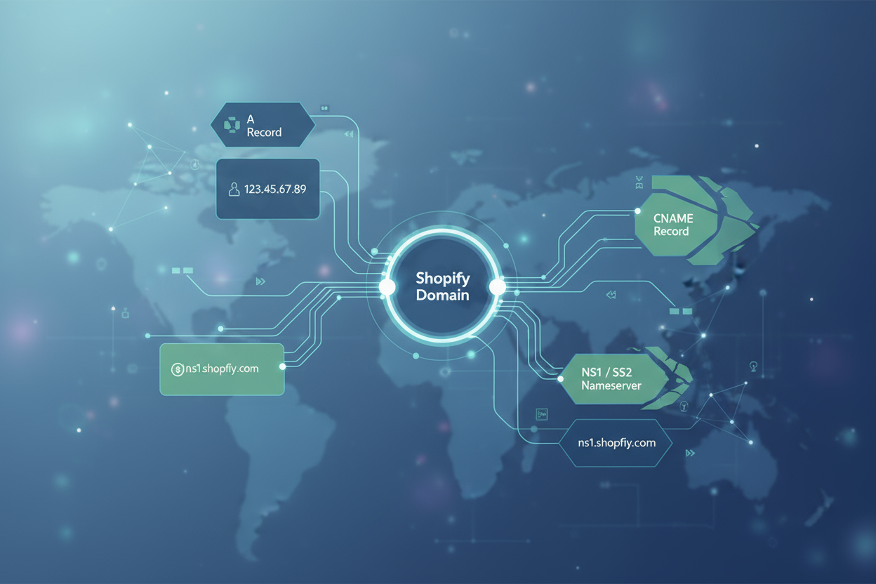 abstract illustration of DNS configuration or Shopify domain panel.